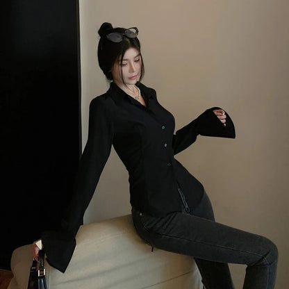 Gidyq Fashion Women Bandage Shirts Korean All Match Streetwear Female Slim Blouse Spring Casual White Bell Sleeve Shirt New - Smarsty