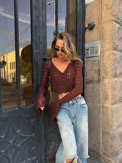 TARUXY Hollow Knitted Cardigan Women's Solid Long Sleeve V Neck Short Sweater Top Summer 2025 New Female Crochet Casual Outwear