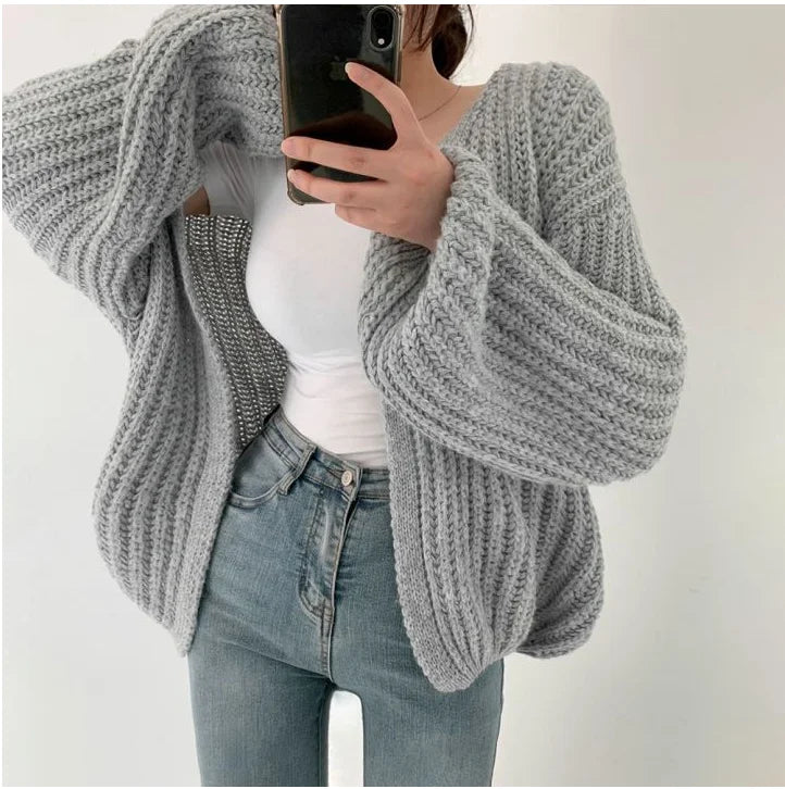 Vintage Harajuku Lantern Sleeve Women Cardigan Sweater Casual Korean Fall Streetwear Tops Coat Chic Lazy Wind Y2k Sweater - Smarsty