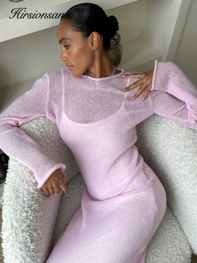 Hirsionsan Spring Autumn O-Neck Elastic Knit Long Dresses Women 2024 Elegant Chic Soft Lady Hollowing Sweater Dresses Femme New - Smarsty