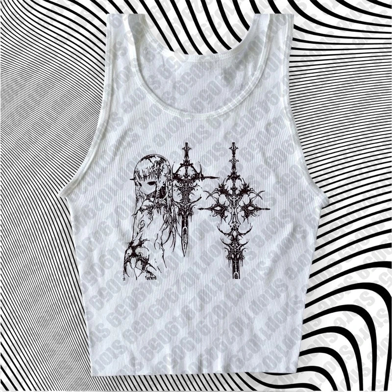 Y2k Style Aesthetic Sweet Sexy Tank Tops Women Sleeveless Casual Cartoon Print Tanks Harajuku All Match Cropped Grunge Emo Girls