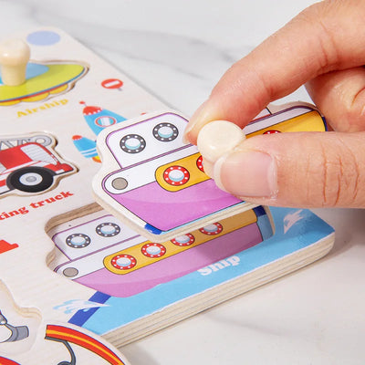 Wooden Puzzle Montessori Toys for Kids Cartoon Animal Traffic Hand Grab Boards Early Learning Educational Toys for Children - Smarsty