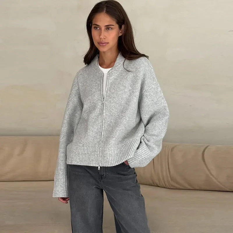 Vintage Knit Women Cardigan Casual Full Sleeve Zipper O Neck Pleated Solid Lady Sweater 2025 Autumn Fashion Female Knitwear - Smarsty