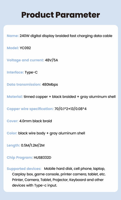 240W Type C to Type C Super Charge Digital Display Cable 0.5m-2m USB C Data Cable For Iphone 15 16 Samsung s24 s23 Huawei Xiaomi - Smarsty