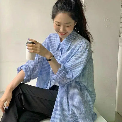 Korean Women's Shirt Sunscreen Long Sleeves Shirt Summer Women's Loose Casual Single Breasted Turndown Collar Plaid - Smarsty