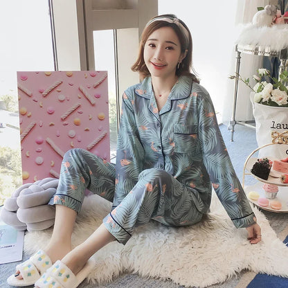 Women's Pajamas Set V-Neck Button down Top and Trousers Sleepwear Homewear Casual Nightwear Loungewear Autumn Winter Two-Piece - Smarsty