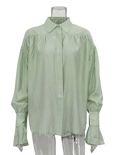 Tossy Casual Loose See-Through Shirts Women's Autumn Lapel Long Sleeve Patchwork Blouse Top Streetwear Female Solid Shirts Top - Smarsty
