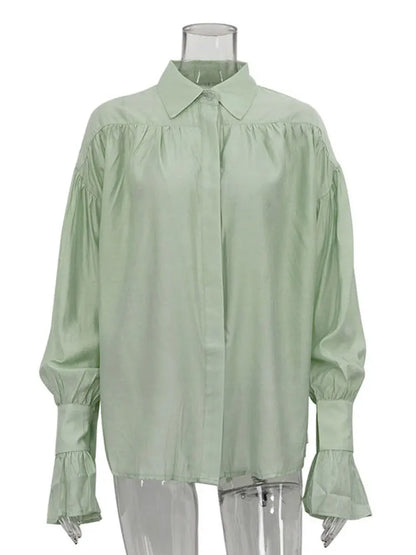 Tossy Casual Loose See-Through Shirts Women's Autumn Lapel Long Sleeve Patchwork Blouse Top Streetwear Female Solid Shirts Top - Smarsty