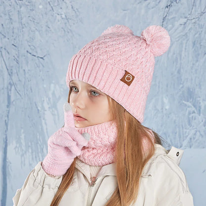 Winter Kids Hat Set Warm Beanie Scarf Gloves Pompom Fleece - Smarsty
