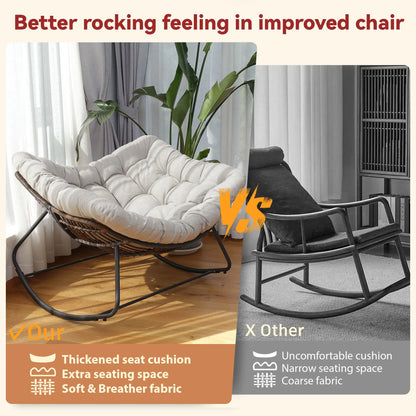 Outdoor Rocking Chair, Patio Wicker Egg Chair, Indoor Comfy Oversized Papasan Chair with Padded Cushion for Front Porch, Garden