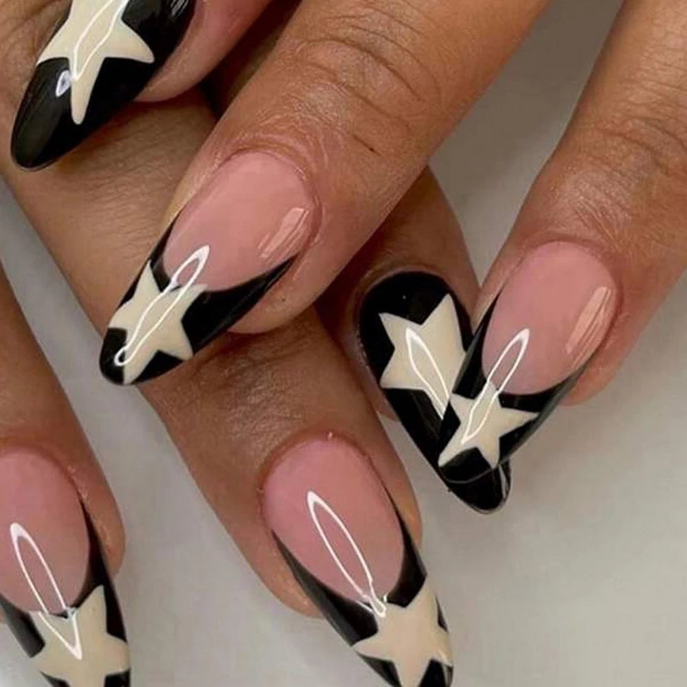 24PCS Medium Pink Black French Tip Press On Nails - Smarsty