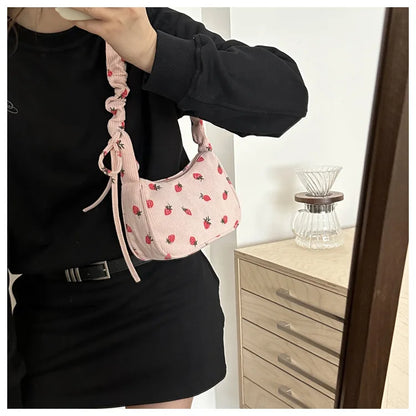 Corduroy Underarm Bag For Women Strawberry Print Mini Tote - Smarsty
