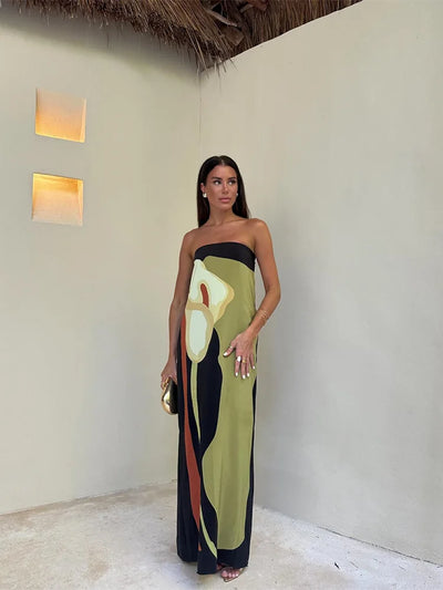 Sexy Strapless Backless Printed Long Dress Women Fashion Sleeveless Off Shoulder Vestidos 2024 Summer Lady Party Evening Robes - Smarsty