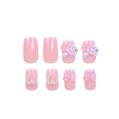 Cute Cartoon Cat Pink French Nail Set for Parties - Smarsty