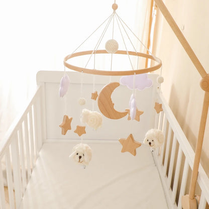Baby Crib Mobile Bed Bell Rattle Toys Wooden Crochet Stars Pendant Bed Bell Toys Newborn Comfort Crib Bracket Hanging Toys Gifts