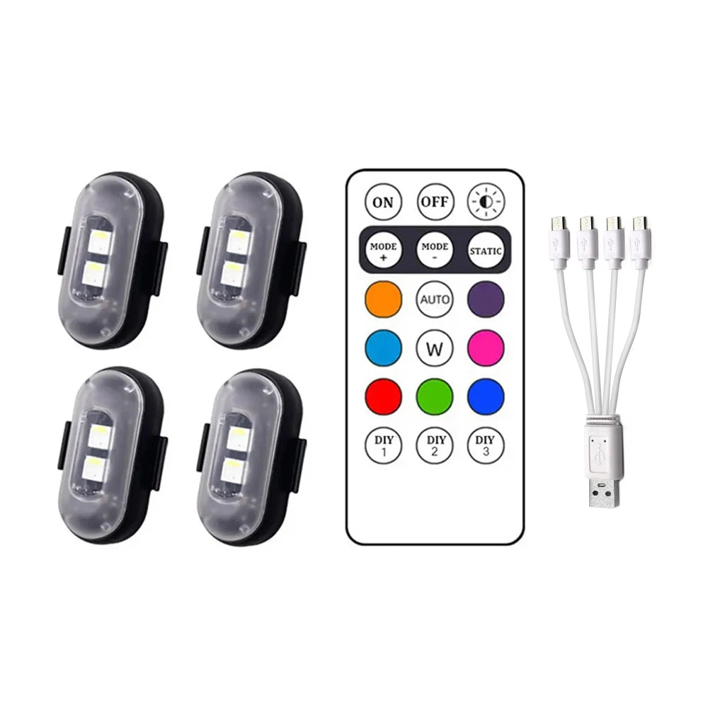 4x Wireless Led Strobe Lights with Remote, Anti-Collision Light USB Charging High Brightness Led Lights Warning Lights for Car
