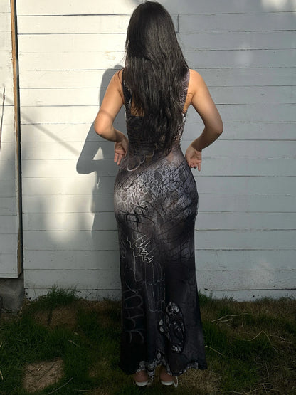Dulzura Lace Print Cut Out Maxi Dress Bodycon Sexy Party Club Y2K Outfits Streetwear Bandage Dress Vestido Classic Prom