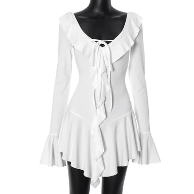 Tossy Ruffled Lace-Up White Mini Dress Women's V-Neck Patchwork Long Sleeve Sexy Slim Dress Bandage Elegant Female Summer Dress - Smarsty