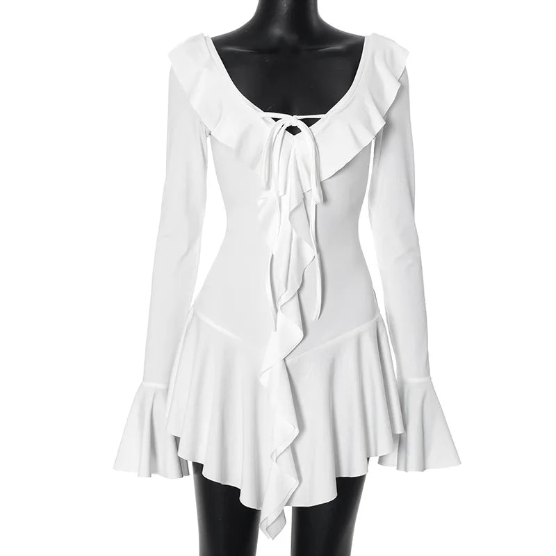 Tossy Ruffled Lace-Up White Mini Dress Women's V-Neck Patchwork Long Sleeve Sexy Slim Dress Bandage Elegant Female Summer Dress - Smarsty
