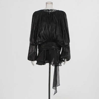 TWOTWINSTYLE Solid Blouse Mini Dresses For Women V Neck Long Sleeve Spliced Lace Up Sweet Style Dress Female Clothing Fashion - Smarsty