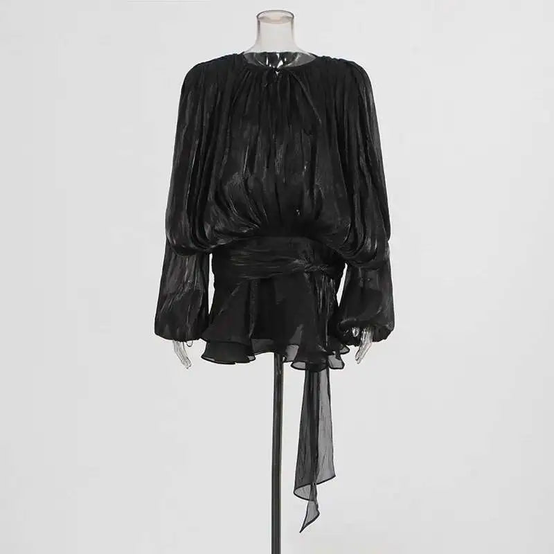 TWOTWINSTYLE Solid Blouse Mini Dresses For Women V Neck Long Sleeve Spliced Lace Up Sweet Style Dress Female Clothing Fashion - Smarsty