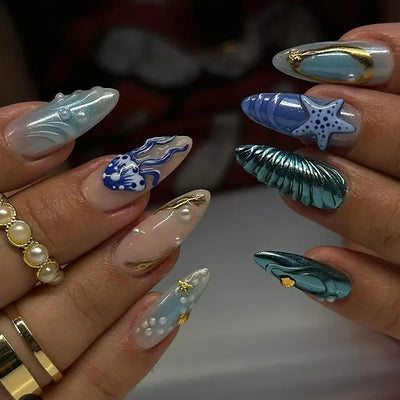 Colorful Press On Almond Nails Set with Pearl Flowers - Smarsty