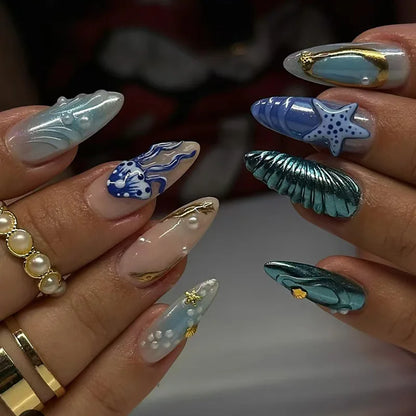 Colorful Press On Almond Nails Set with Pearl Flowers - Smarsty