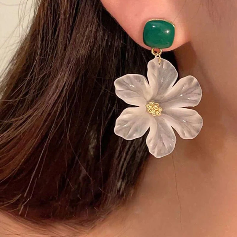 Bohemian White Flower Drop Earrings for Women in Green Epoxy - Smarsty