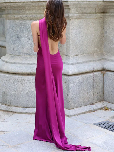 Elegant Women's Ribbon Long Satin Party Dress Halter Backless Sleeveless Female Dresses 2025 Summer Lady Solid Evening Gowns - Smarsty