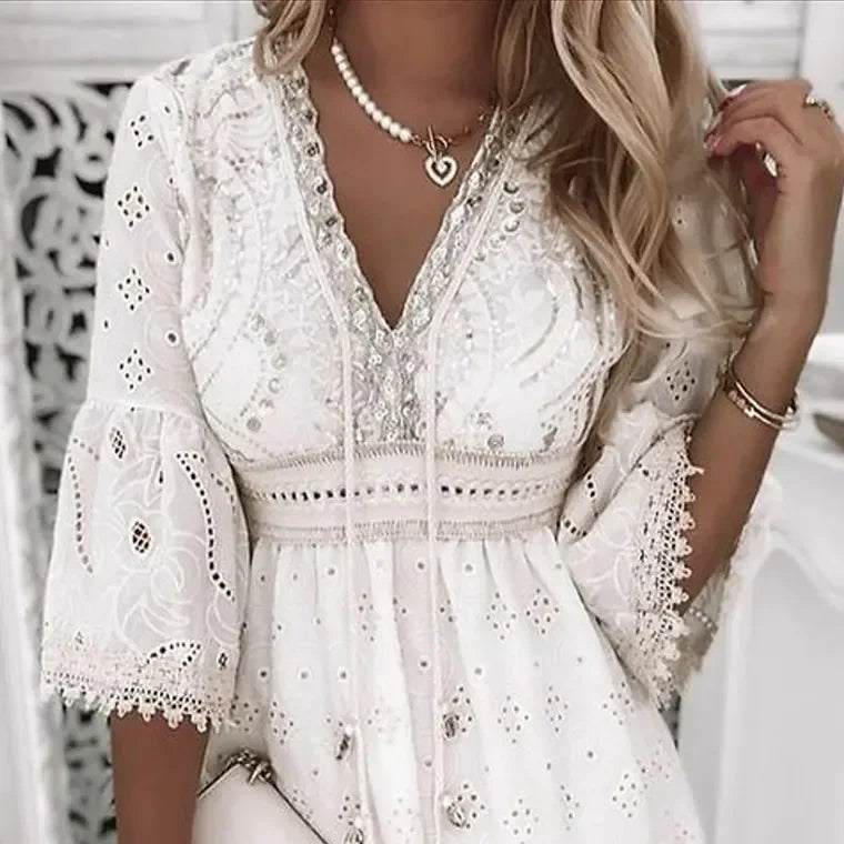 Hollow Out Summer Dress for Women Female V Neck Long Sleeve White Dresses Loose Solid Casual Women Beach Holiday Dress Vestidos - Smarsty