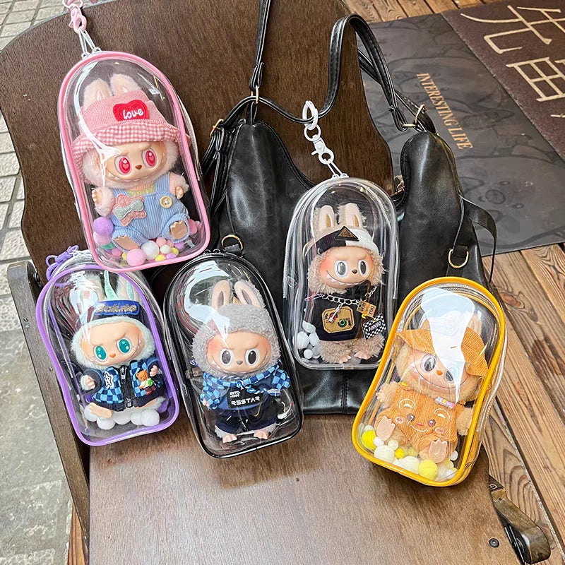 Colorful Transparent Protector Case Organizer Box for 17cm Labubu V3 Dolls Outdoor Display Bag With Keychain Doll Accessories by Smarsty