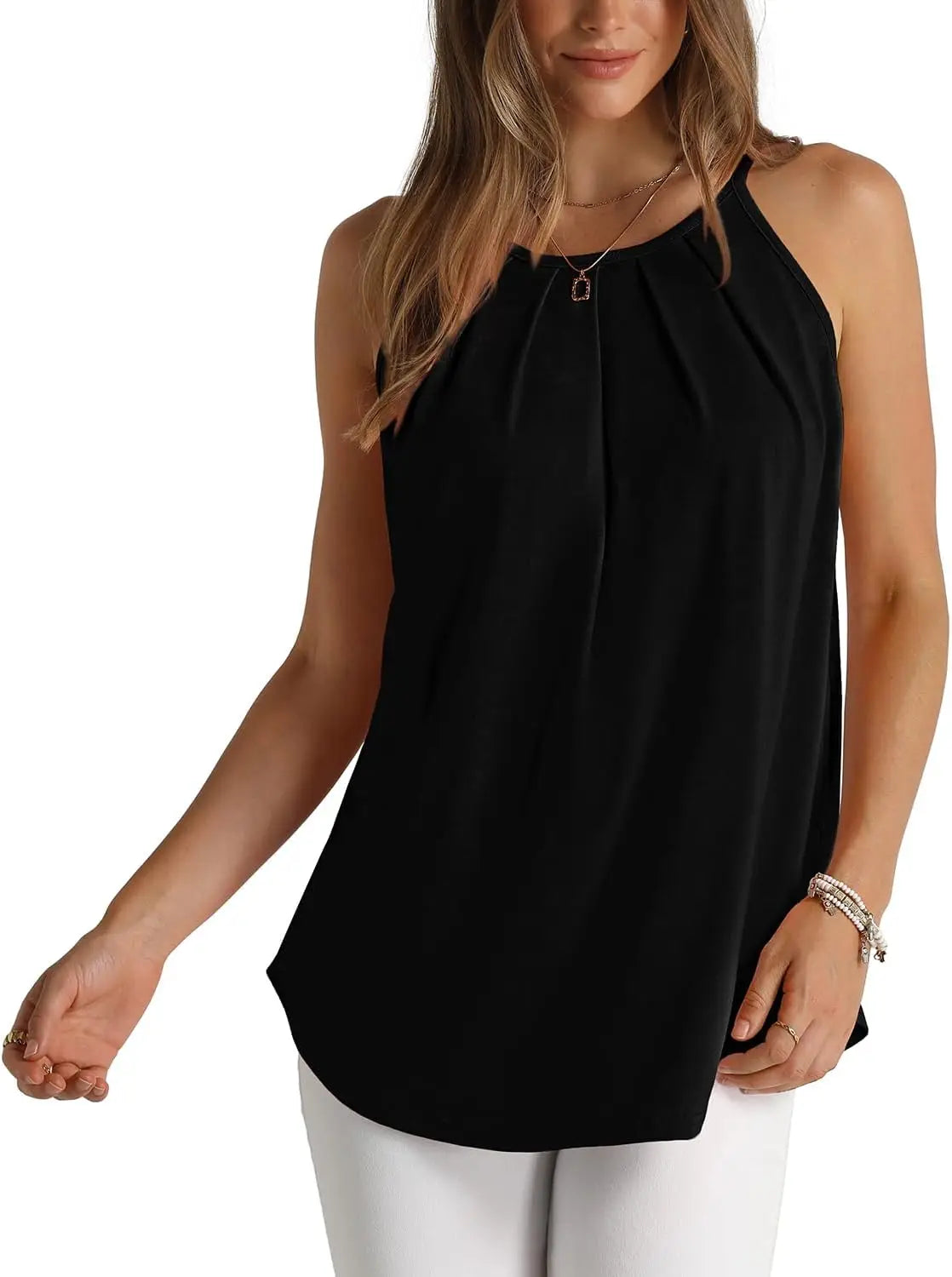 Womens Pleated Tank Tops Spaghetti Strap Camisole Halter Tops Curved Hem Fashion 2024