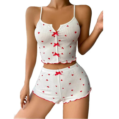 Sexy Sleepwear Women Pajamas Set Heart Print Silk Stain V-Neck Sleeveless Casual Cami Top and Shorts Sets Home Suit Loungewear - Smarsty