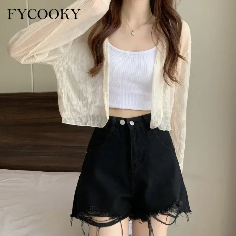 2025 Fairy Style Solid Cardigan Women Summer New Long Sleeve Sunscreen Sweet Beading V-neck Basics Loose Chiffon Cardigan - Smarsty