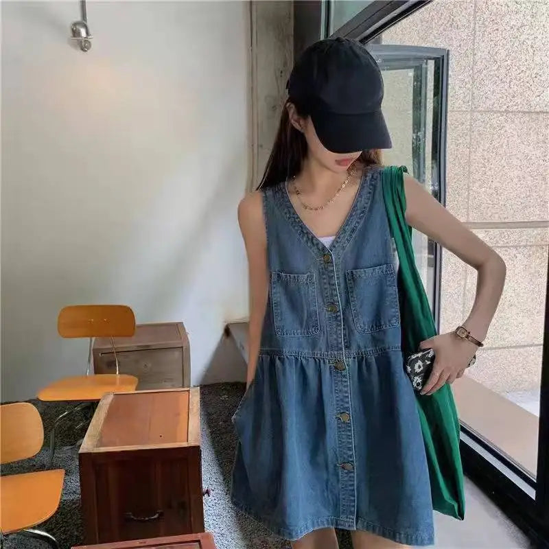 Sleeveless Strap Dress Women Summer Single-Breasted Pockets Denim Dresses Woman Korean Style Loose A Line Mini Dress - Smarsty