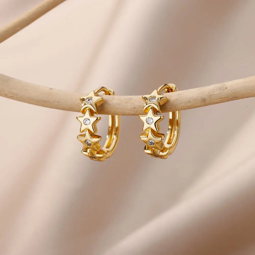 Stainless Steel Star Hoop Earrings Gold Tone Hypoallergenic - Smarsty