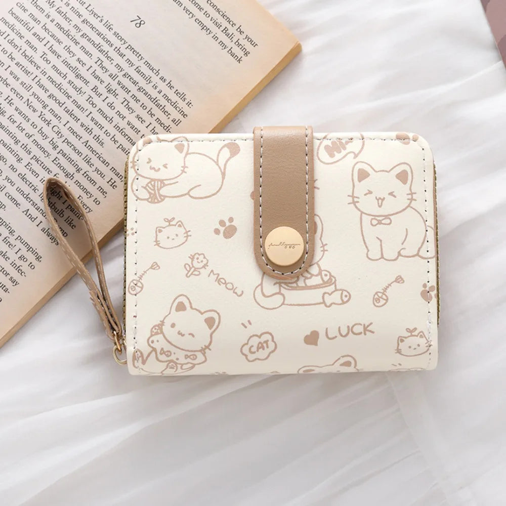 Cute Cat Coin Purse Women Fashion Short Wallet PU Leather Large Capacity Wallet Lightweight ID Card Holder Travel Cash Coin Bag - Smarsty