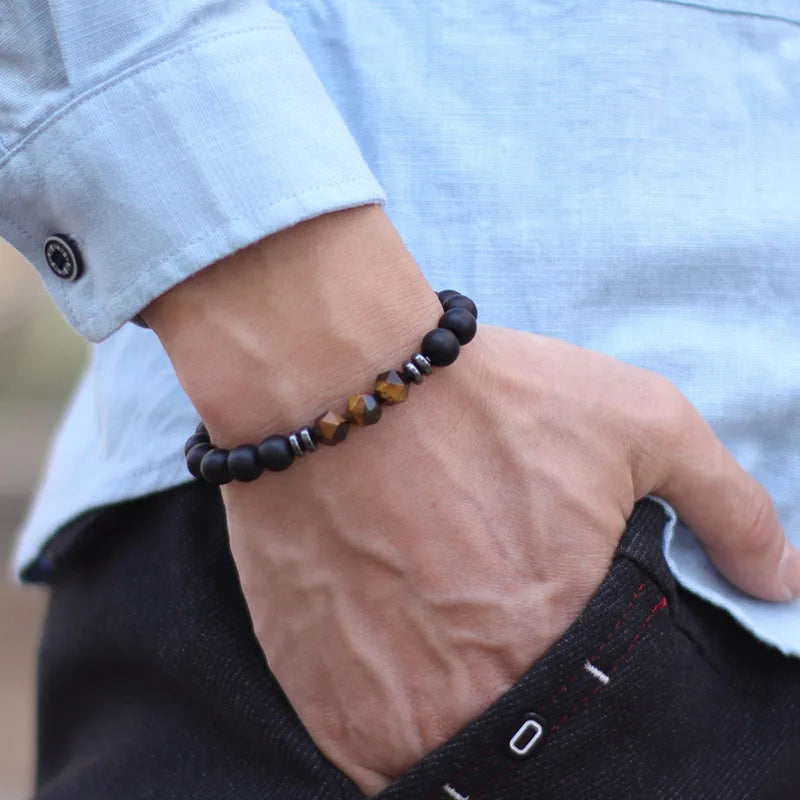 Mens Black Onyx and Tiger Eye Beaded Bracelet - Smarsty