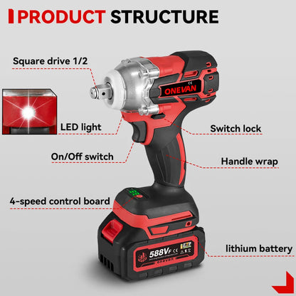 Onevan 520Nm Brushless Electric Impact Wrench with Dual Gears - Smarsty