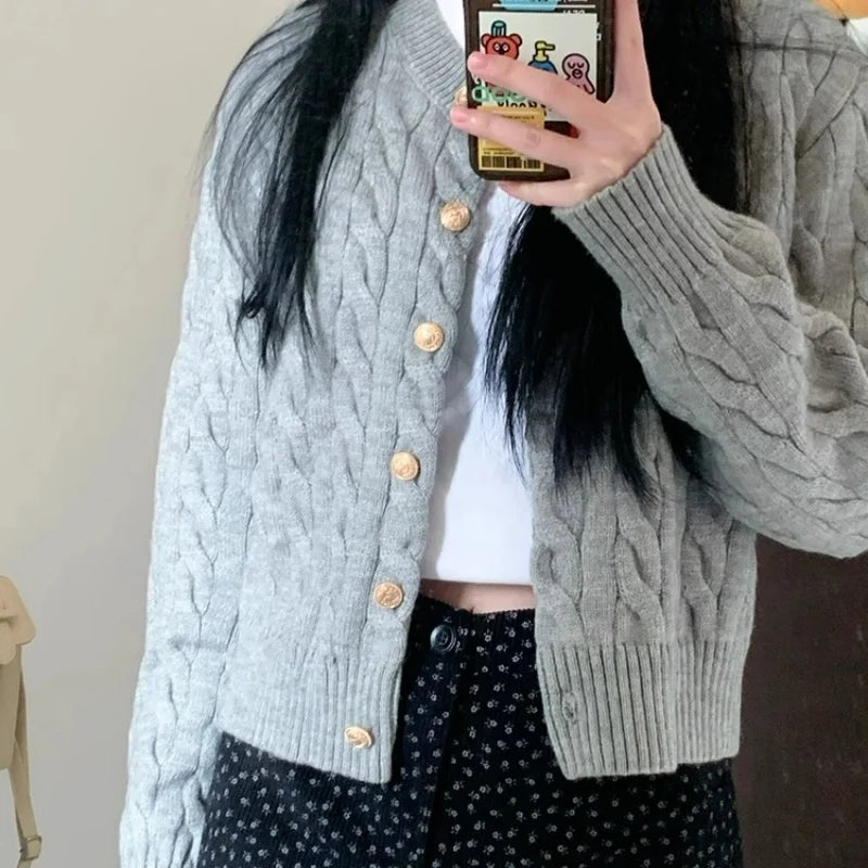 2024 Vintage Long Sleeve Cardigan Women Sweater O-neck Elegant Knitted Top Fashion Autumn Grey Knitwear - Smarsty