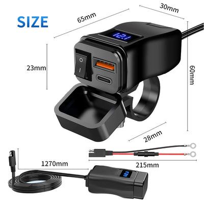 PD QC3.0 Motorcycle USB Fast Charger 60W Handlebar Dual USB Socket with Switch Voltmeter Waterproof 12V Power Supply Adapter - Smarsty