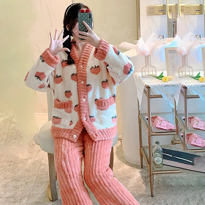 Padded and Thickened Warm Flannel Women Pajamas Loungewear Winter Peach Sleepwear Homewear Coral Velvet Two-Piece Set Nightwear - Smarsty