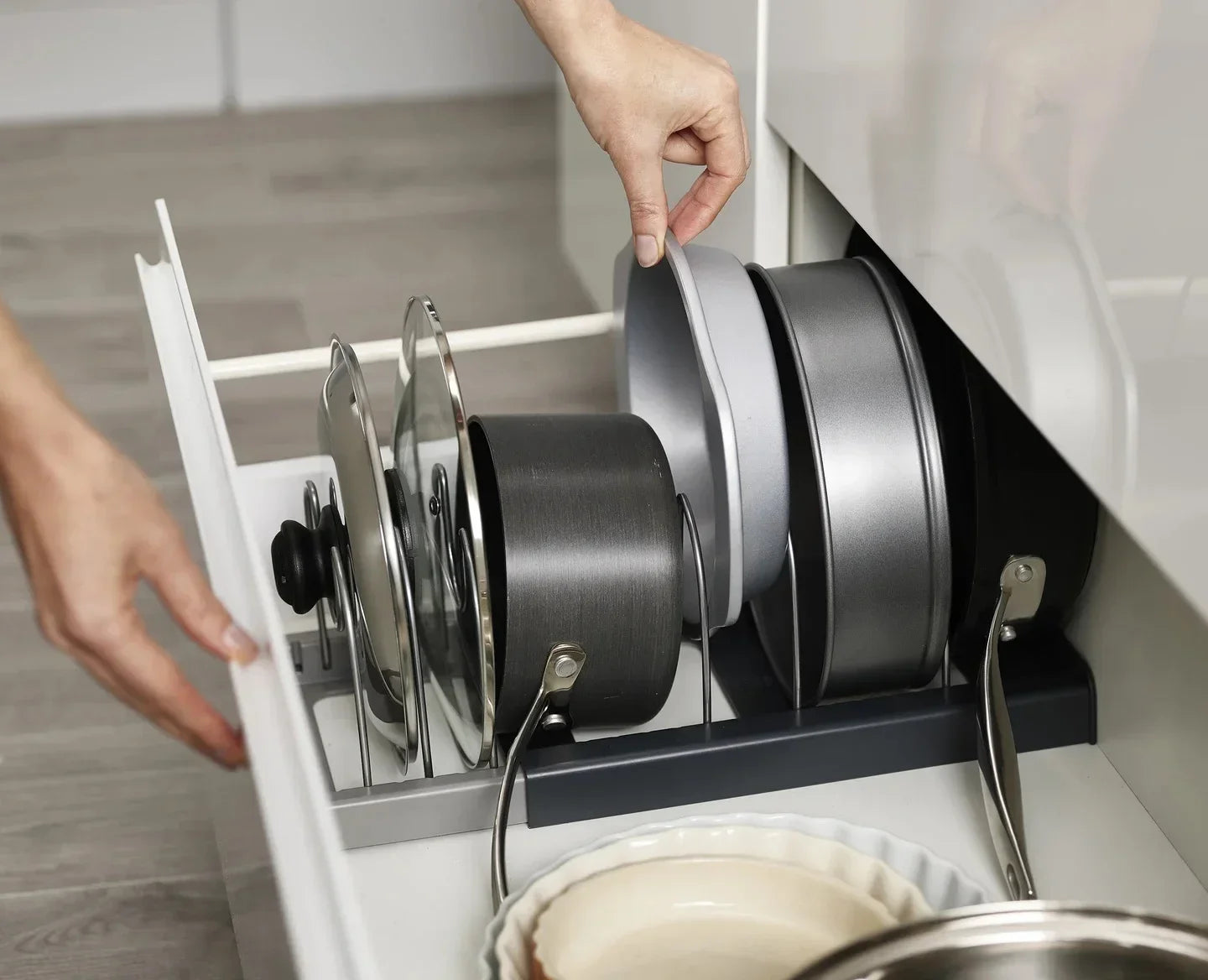 Expandable Pots and Pans Storage Rack for Cabinets Pot and Lid Holder with 6 Adjustable Shelves for Kitchen Organization Tools