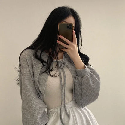 White Knitted Cardigan for Women Summer Thin Sunscreen Lace-Up Knitwear Tops Female Fashion Korean Lantern Sleeve Short Coat - Smarsty