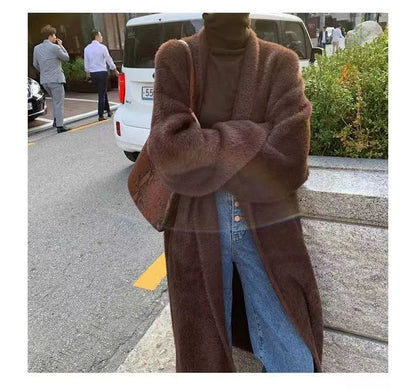 white Long Cardigan for women 2025 new winter clothes Knitted fluffy long sleeve Cashmere sweater coat korean style warm vintage - Smarsty