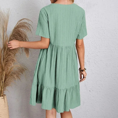 Women Summer Peplum Dresses Spring V-Neck Short Sleeve Loose Waist Ruffle Fit Flare Vocation Dresses - Smarsty