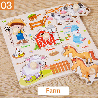 Wooden Puzzle Montessori Toys for Kids Cartoon Animal Traffic Hand Grab Boards Early Learning Educational Toys for Children - Smarsty