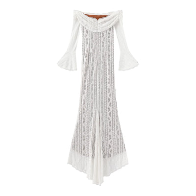 Suninheart White Off The Shoulder Autumn Bodycon Dress 2025 Long Sleeve Elegant Lace Maxi Dress Wedding Guest Dress for Women - Smarsty
