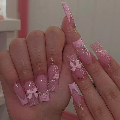 Pink Bowknot Stiletto Press On Nails 24PCS Full Cover - Smarsty