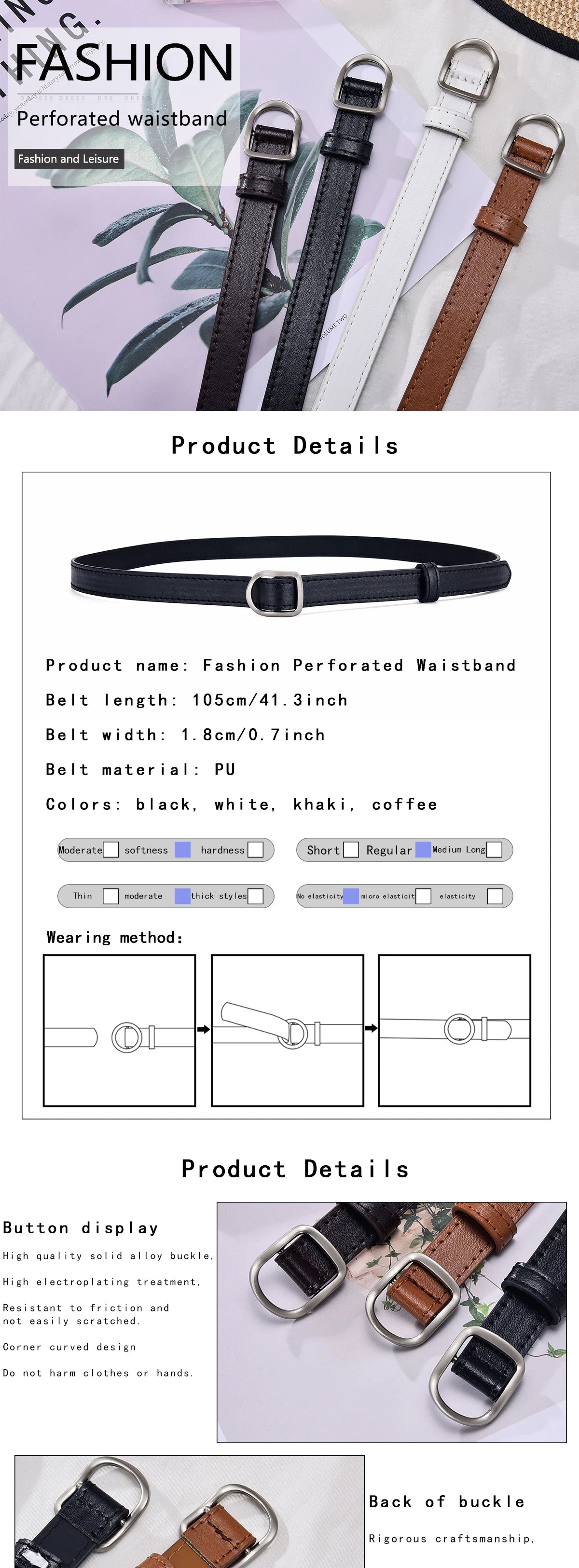 Unisex PU Leather Casual Belt with Perforated Design - Smarsty